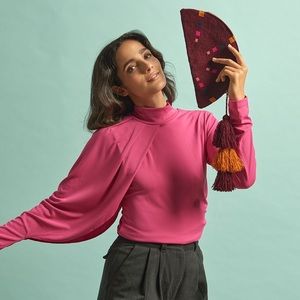 Long sleeve cape too high collar neck in hot pink. Size small